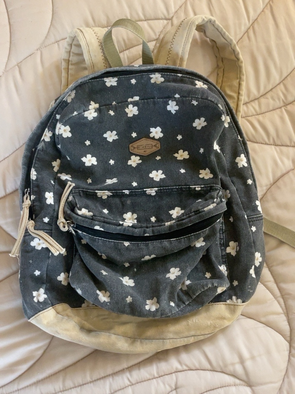 O'Neill Charcoal Floral Canvas Backpack with Cream Trim